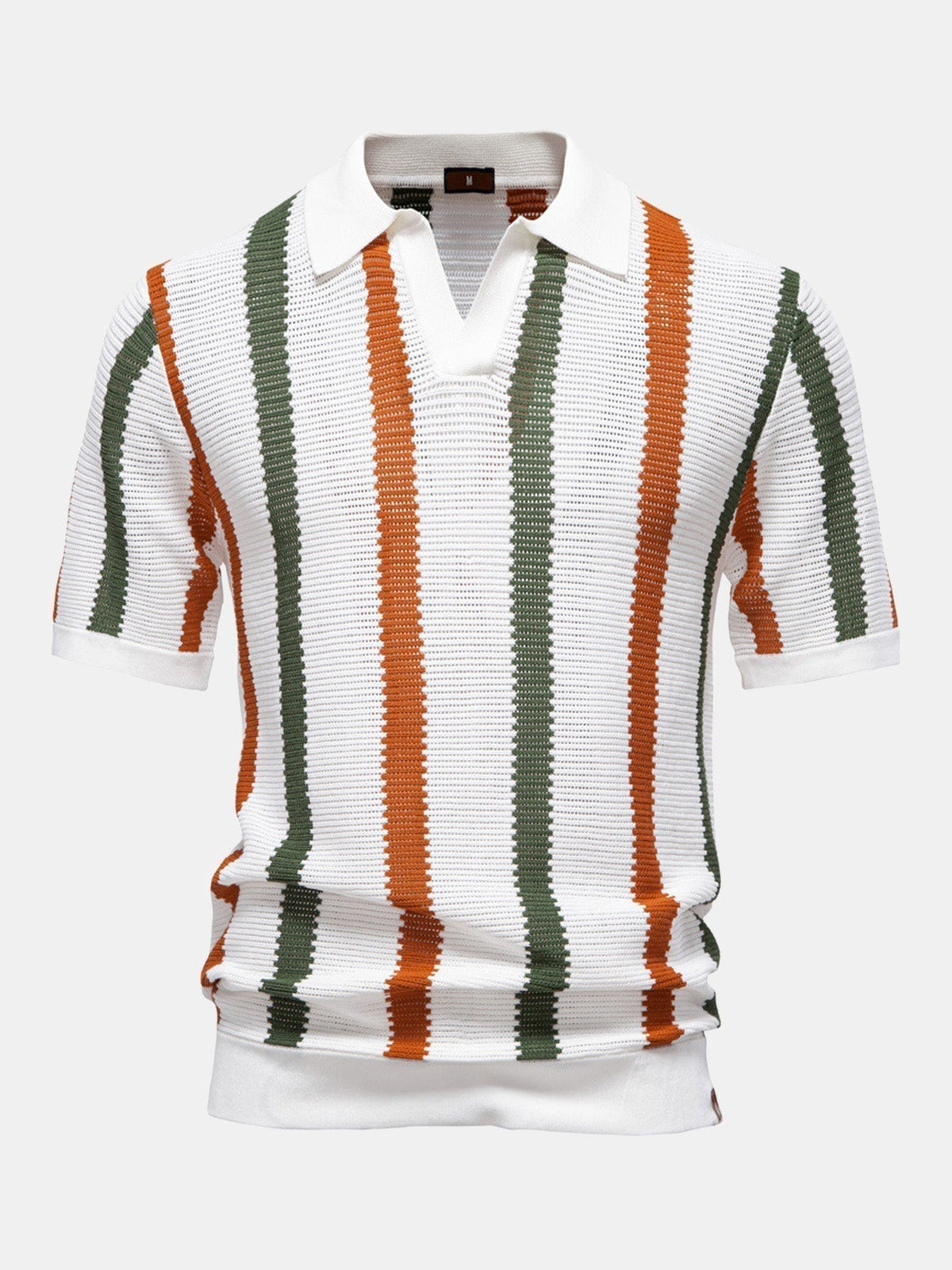 Men's Contrast Stripe V-Neck Knit Polo Shirt photographed for Eaton Row Co.