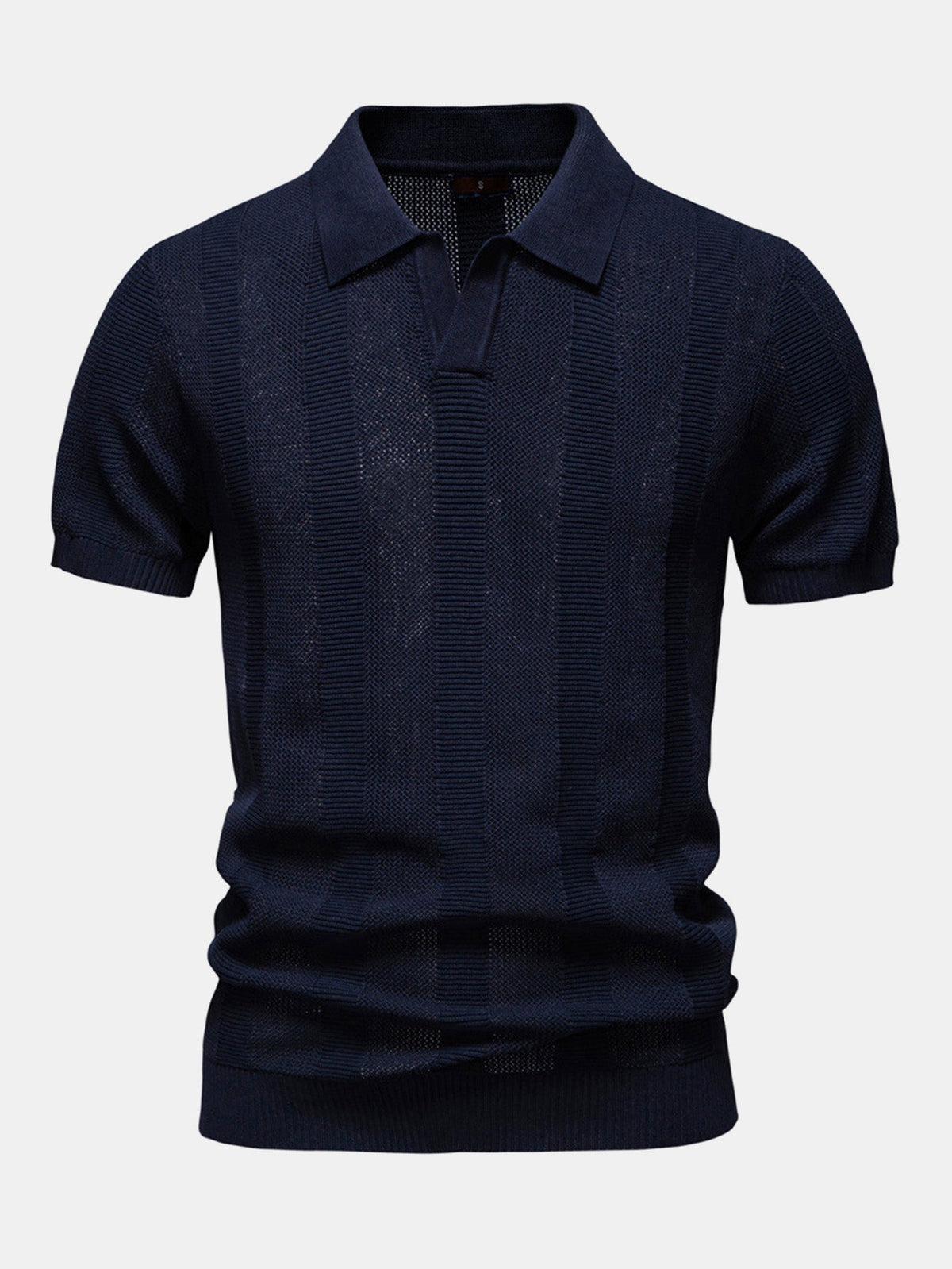 Men's Striped Hollow Knit V-Neck Polo Shirt, alternate angle 1