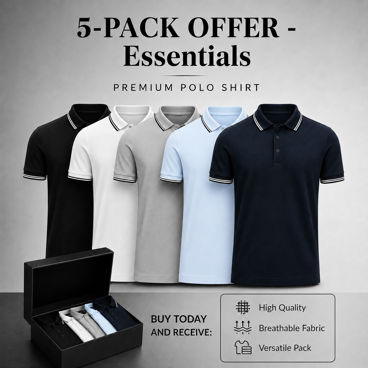 Men's Classic Polo Shirts – 5-Pack photographed for Eaton Row Co.