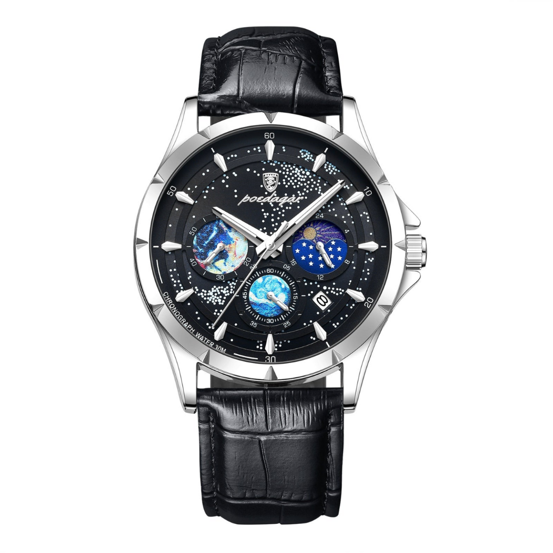 Men's Space Leather Strap Quartz Watch, alternate angle 1