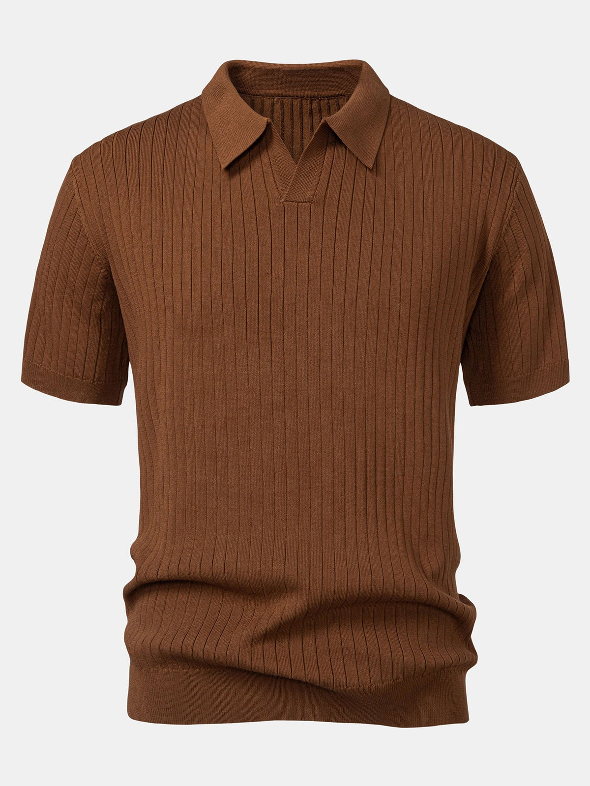 Men's Striped V-Neck Knit Polo Shirt photographed for Eaton Row Co.