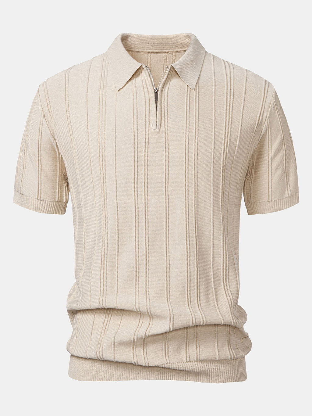 Men's Striped Jacquard Knit Zip Polo Shirt photographed for Eaton Row Co.