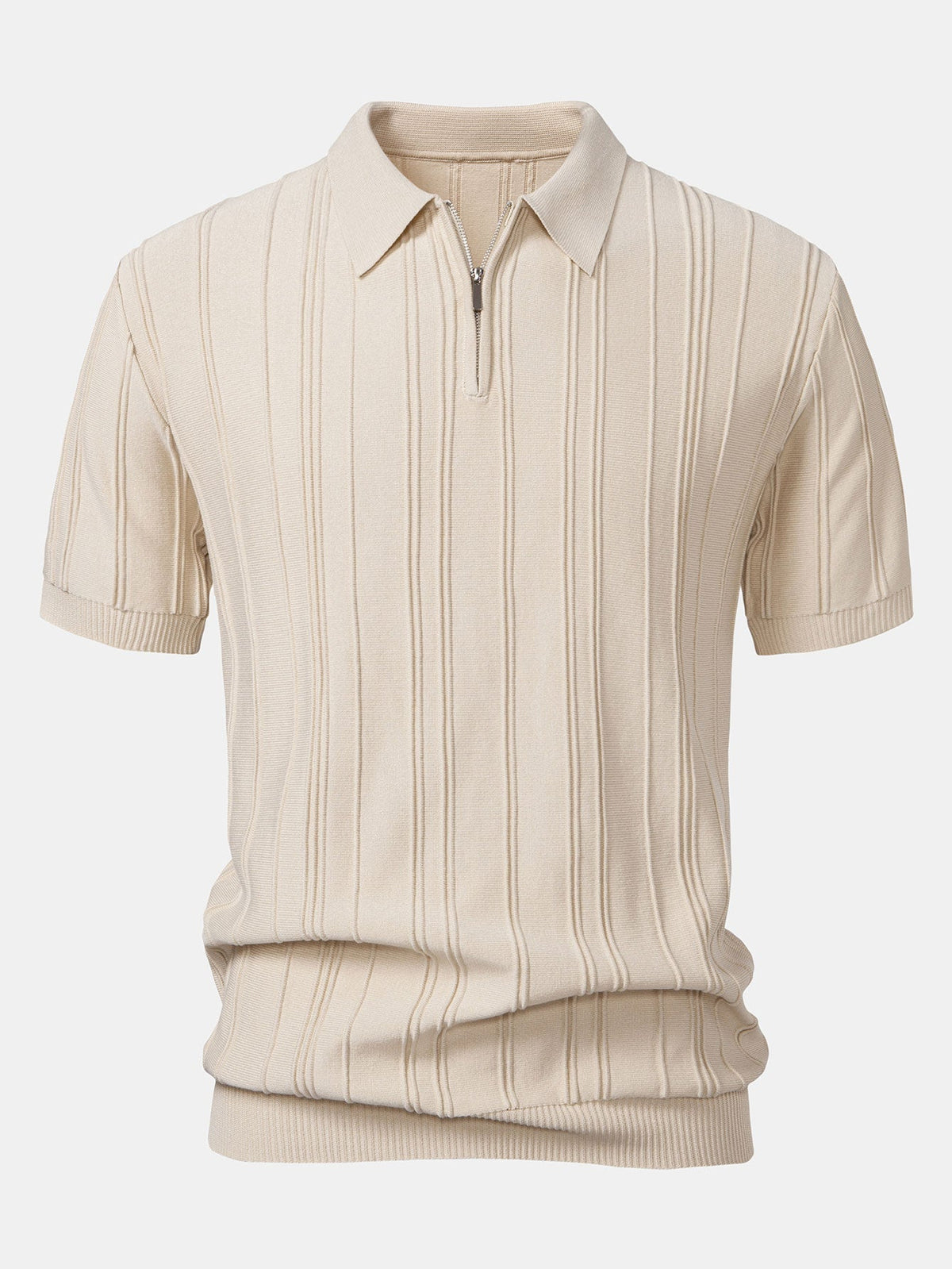 Men's Striped Jacquard Knit Zip Polo Shirt photographed for Eaton Row Co.