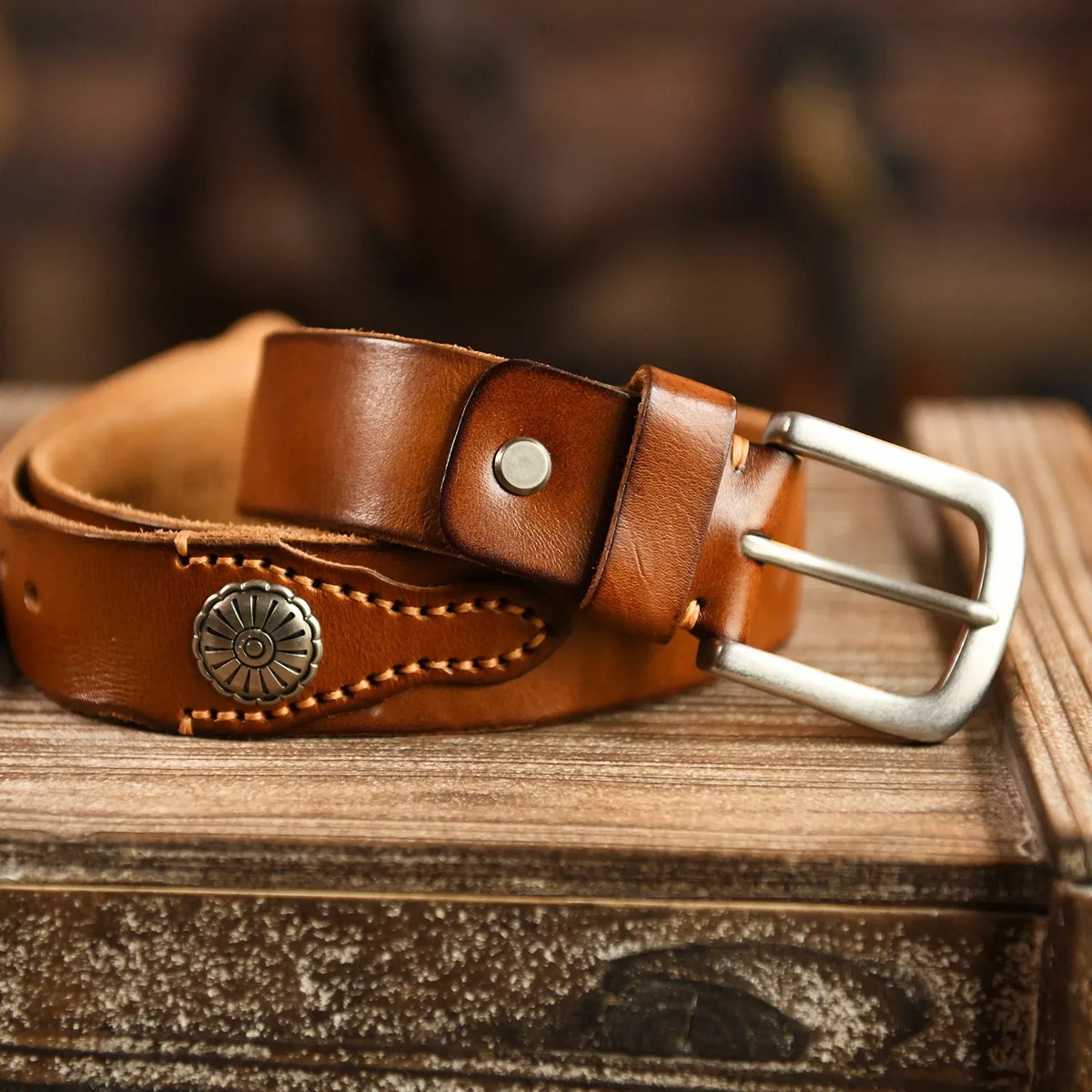 Men's Handcrafted Leather Western Belt photographed for Eaton Row Co.