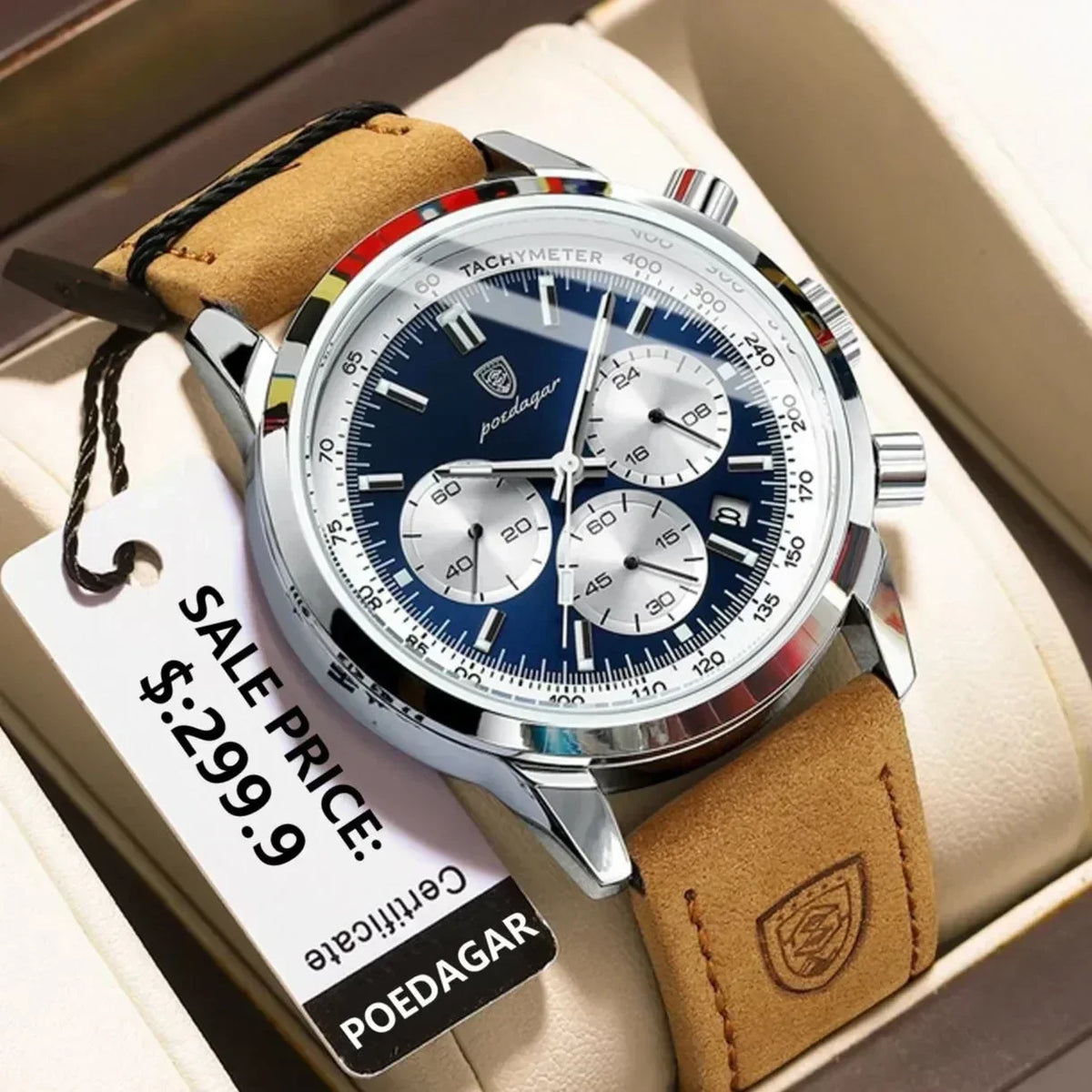 Men's Luxury Leather Strap Chronograph Watch, alternate angle 1