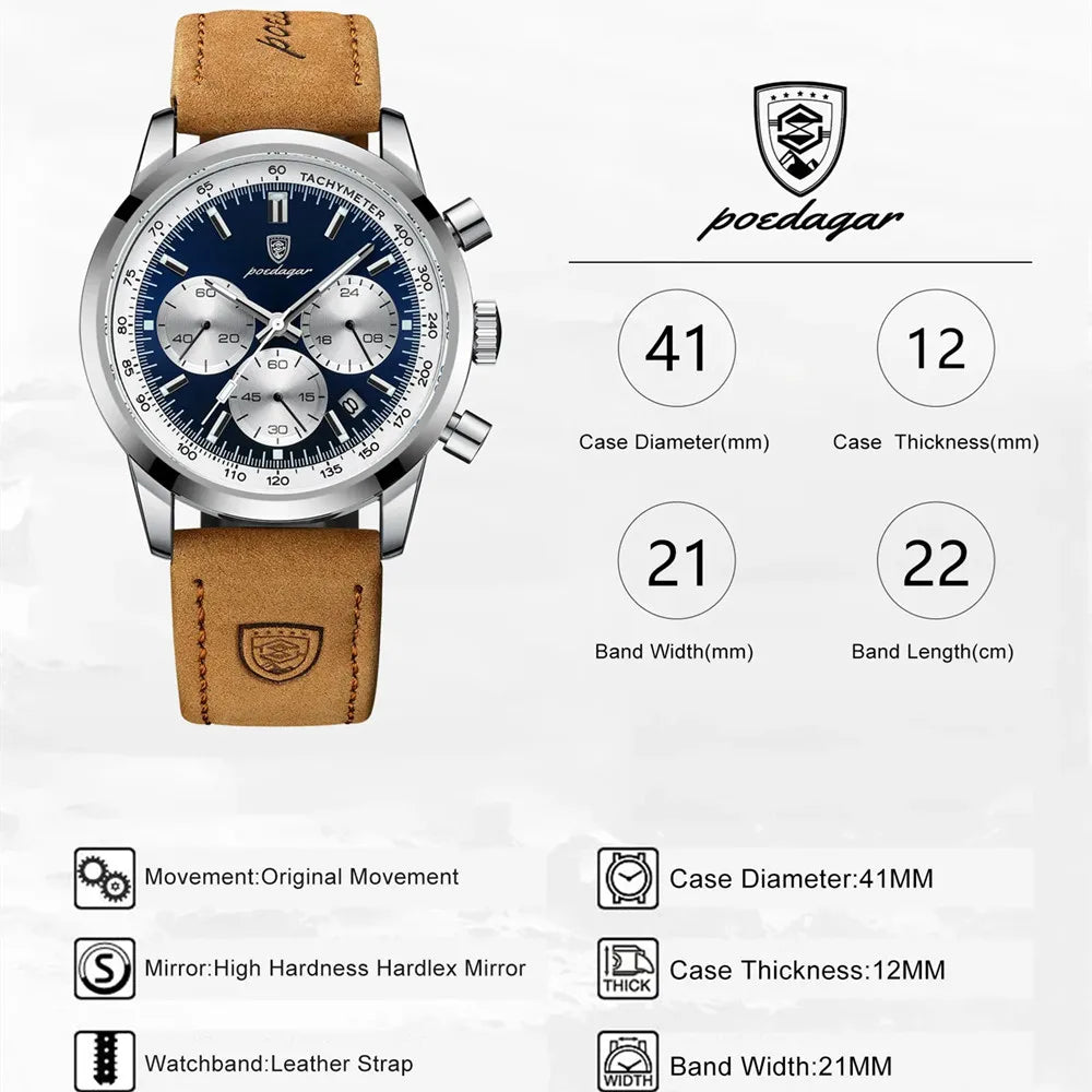Men's Luxury Leather Strap Chronograph Watch, alternate angle 5