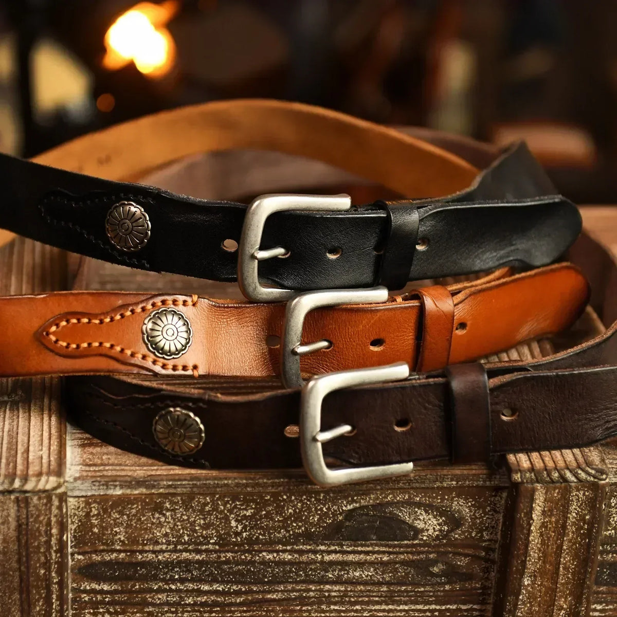 Men's Handcrafted Leather Western Belt, alternate angle 3