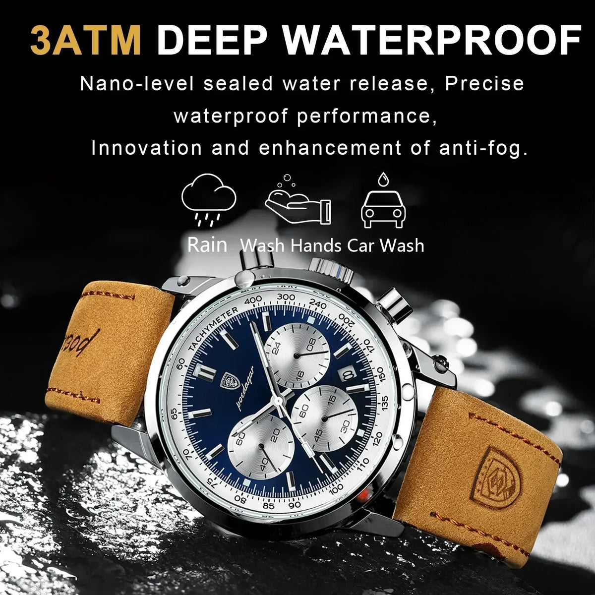 Men's Luxury Leather Strap Chronograph Watch, alternate angle 3