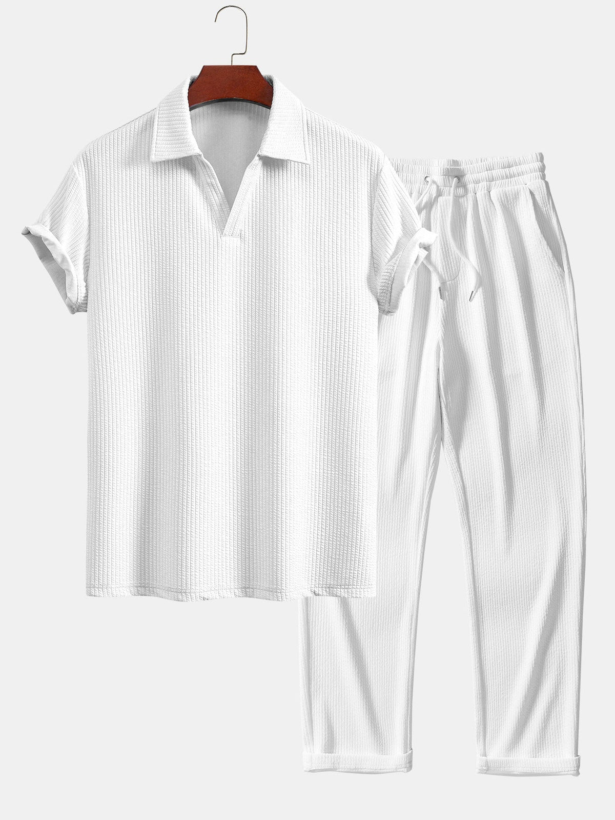 Men's Textured V-Neck Polo & Trousers Set, alternate angle 3