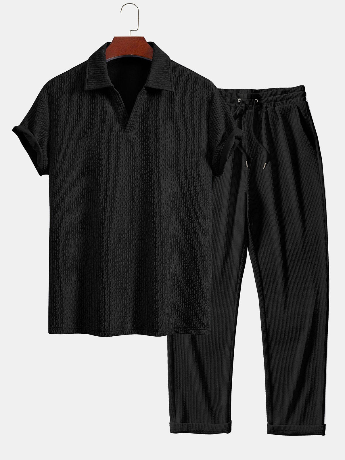 Men's Textured V-Neck Polo & Trousers Set, alternate angle 1