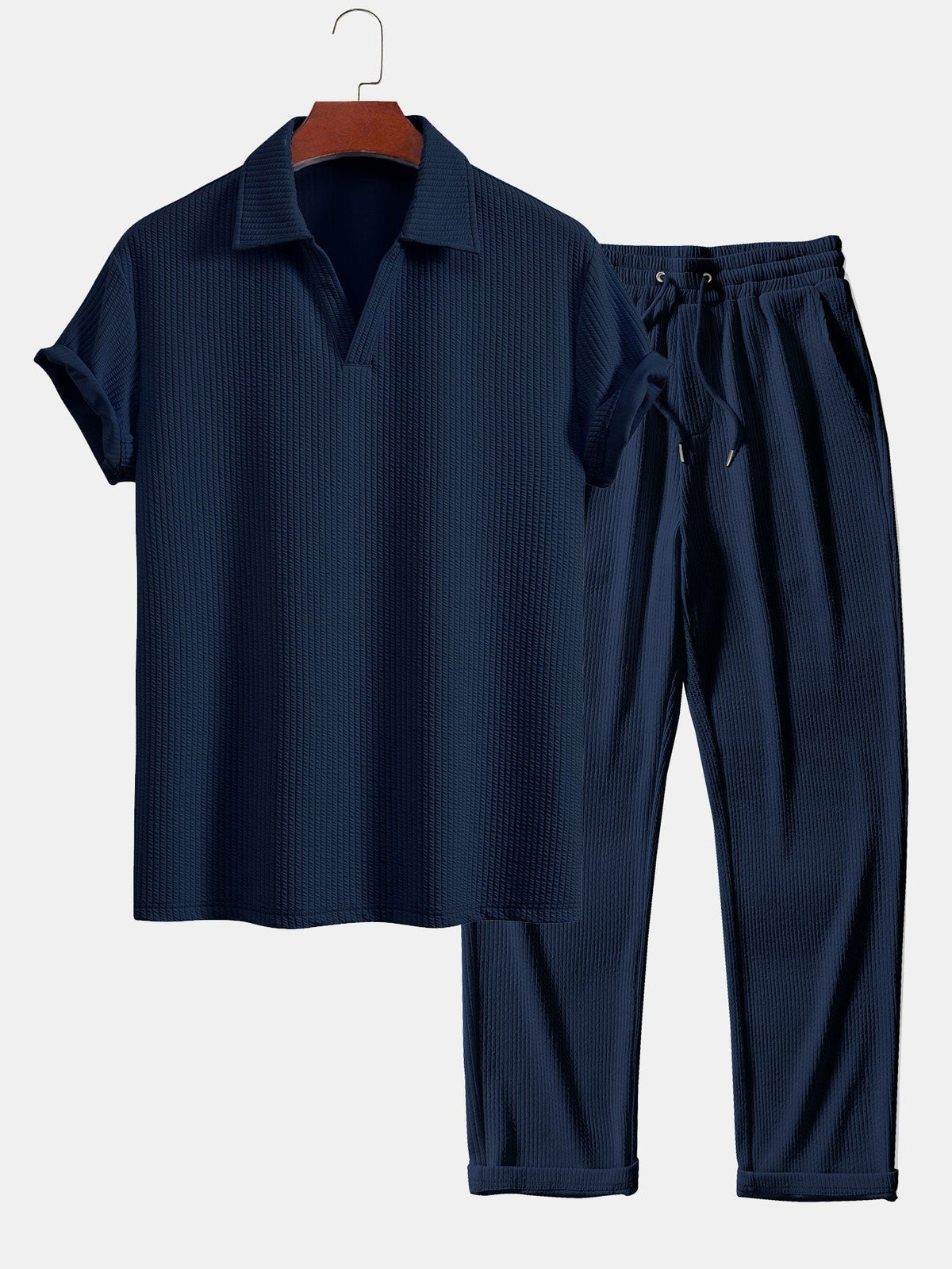 Men's Textured V-Neck Polo & Trousers Set photographed for Eaton Row Co.