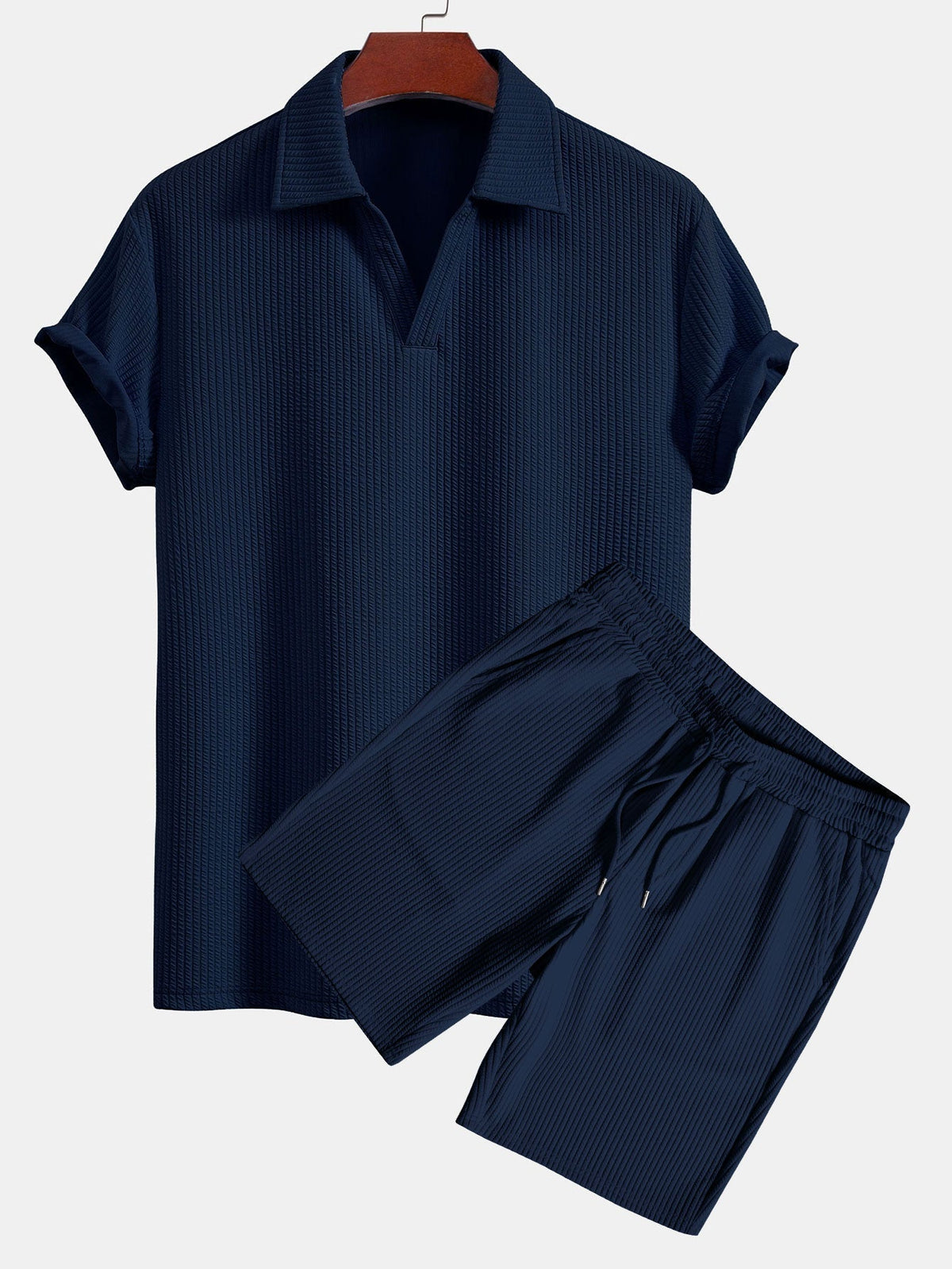 Men's Textured V-Neck Polo & Shorts Set, alternate angle 2