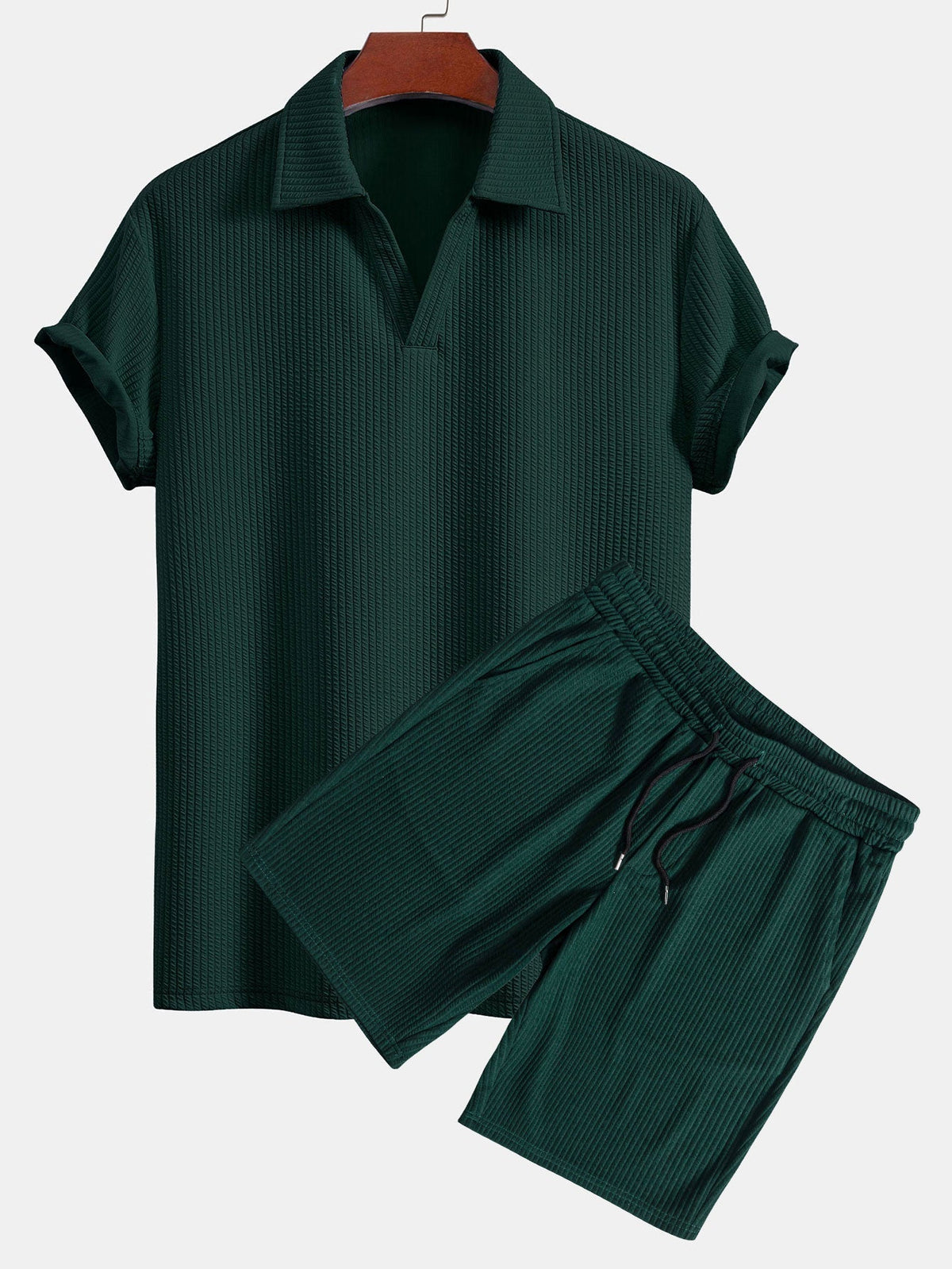 Men's Textured V-Neck Polo & Shorts Set photographed for Eaton Row Co.
