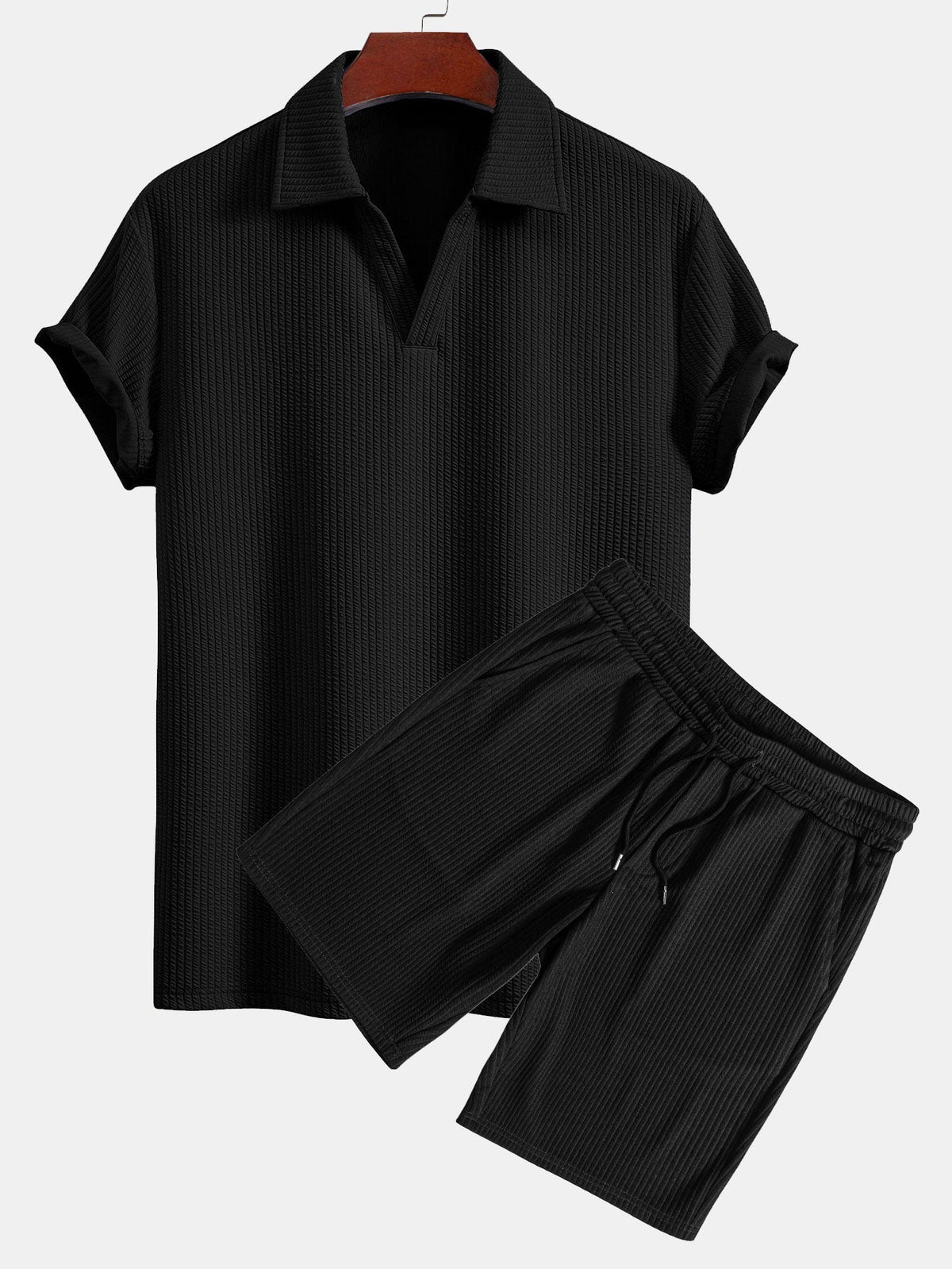 Men's Textured V-Neck Polo & Shorts Set, alternate angle 3