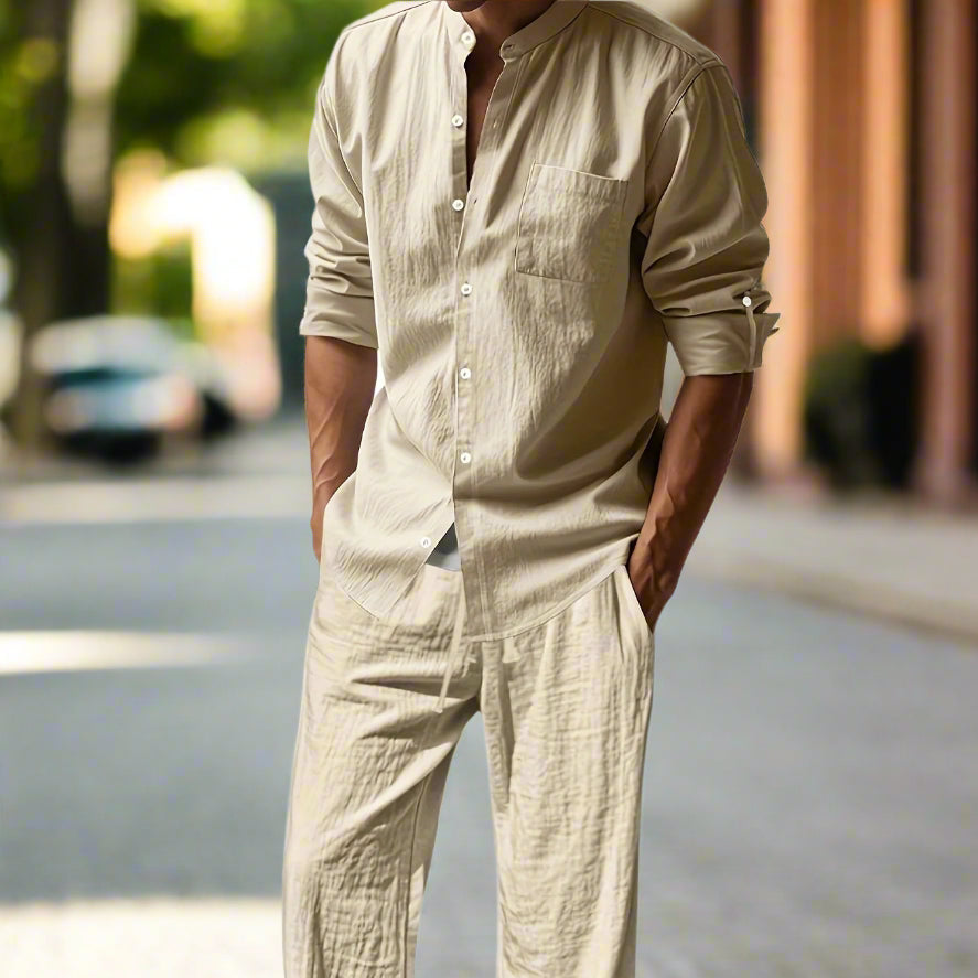 Owen Men's Casual Linen Set photographed for Eaton Row Co.