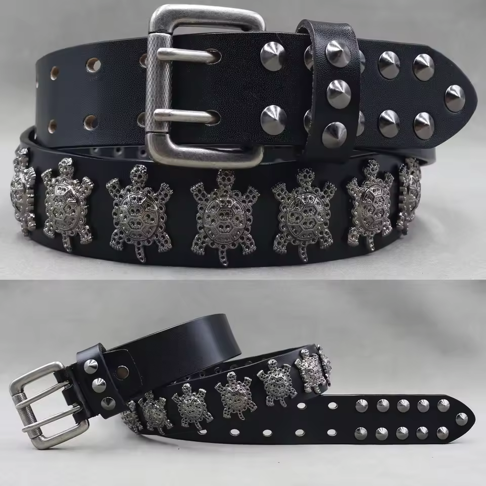 Men's Skull & Stud Genuine Leather Rivet Belt, alternate angle 9