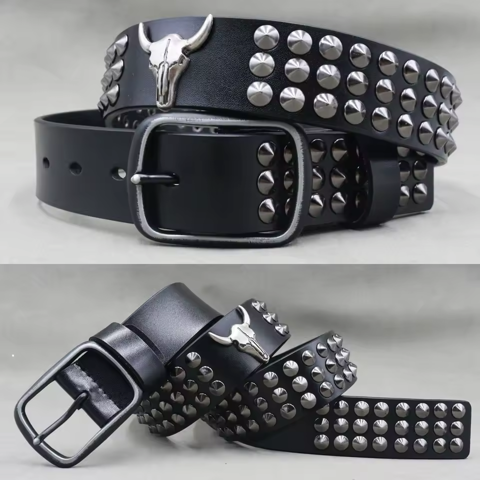 Men's Skull & Stud Genuine Leather Rivet Belt, alternate angle 4